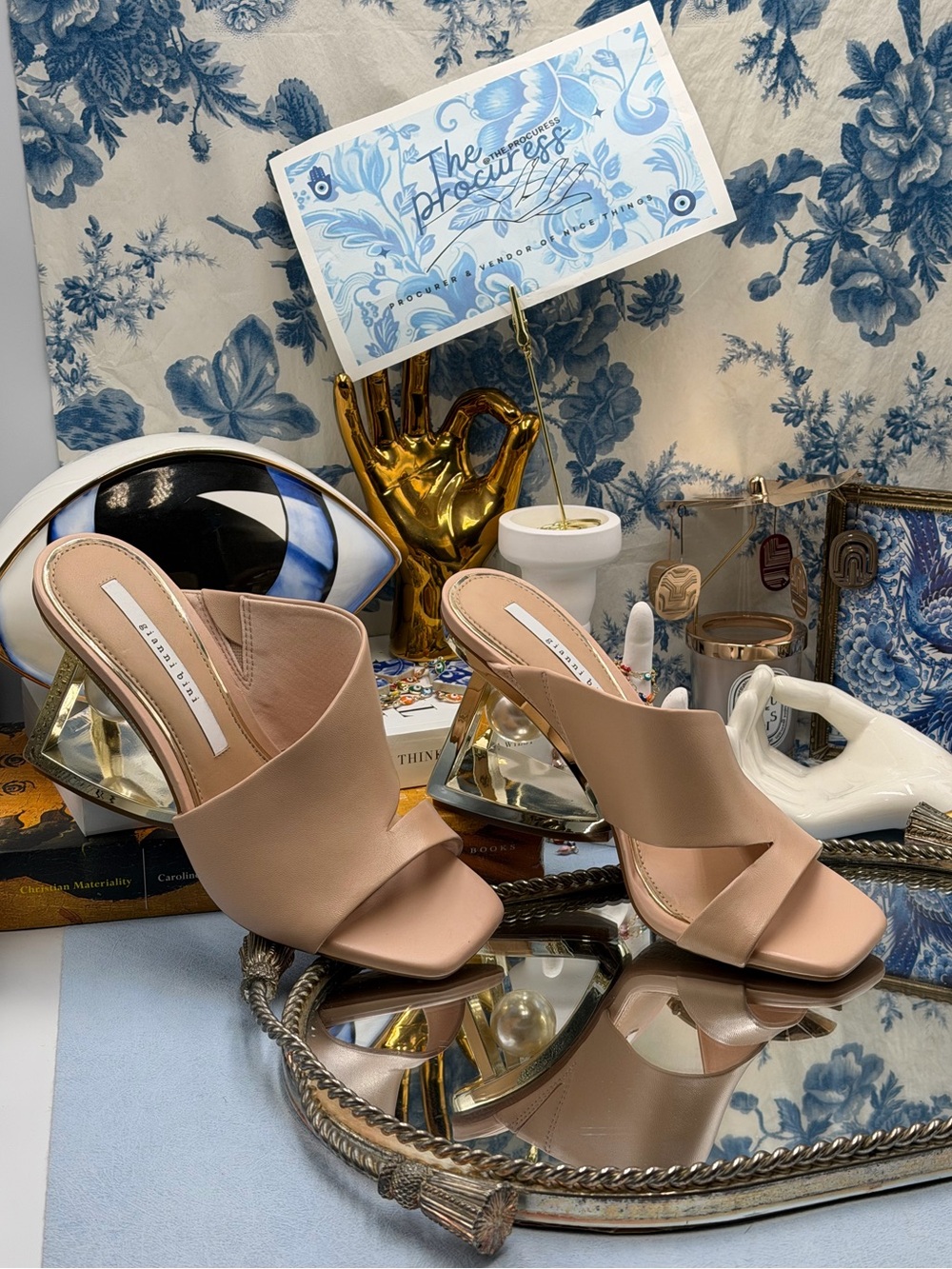 🆕 GIANNI BINI 🧿 NWOB Paityn Leather Architectural Pearl Wedge, Nude - Sz 7 - Picture 3 of 15